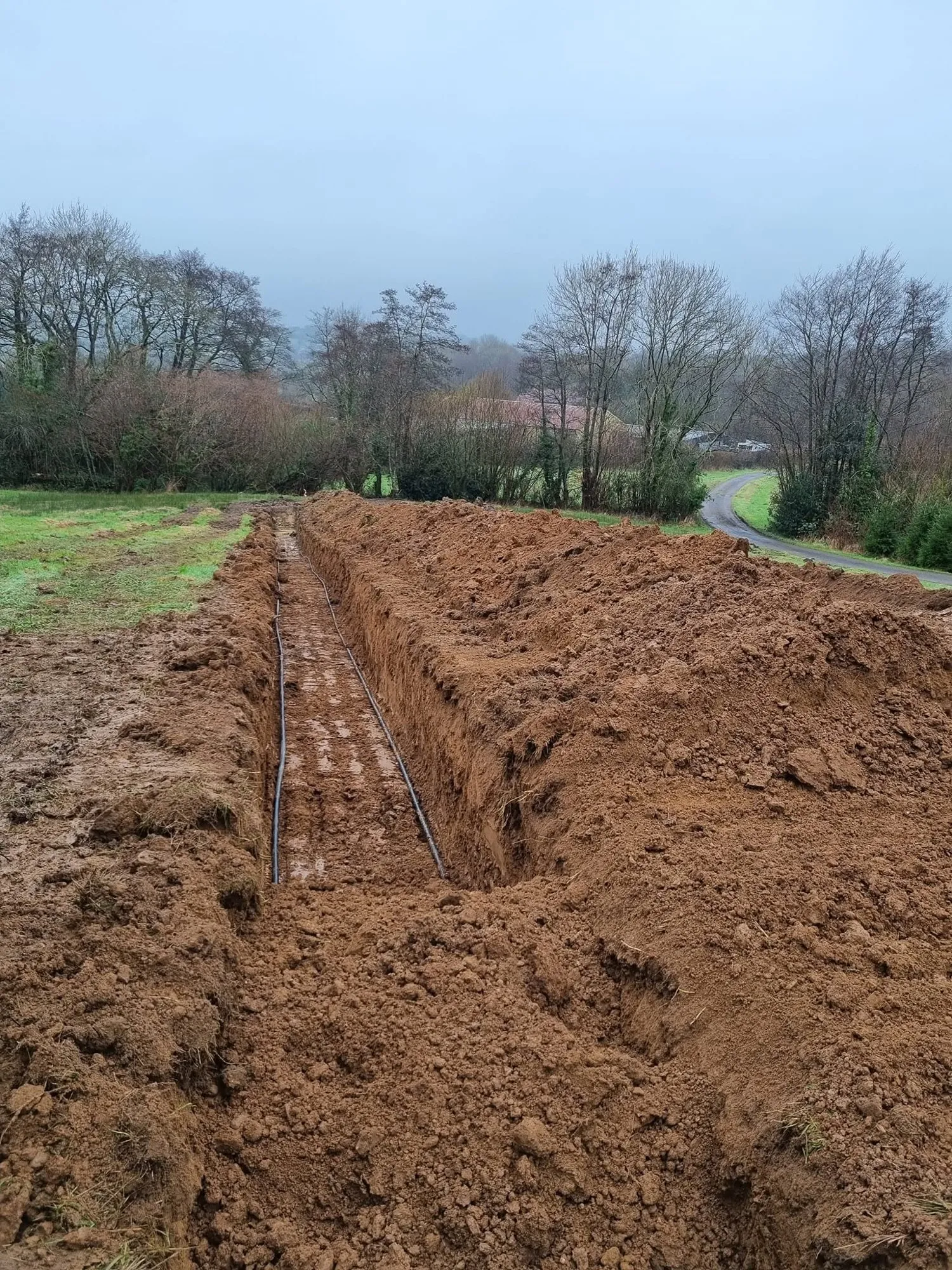Drainage trenches cut across a field towards a hedgerow