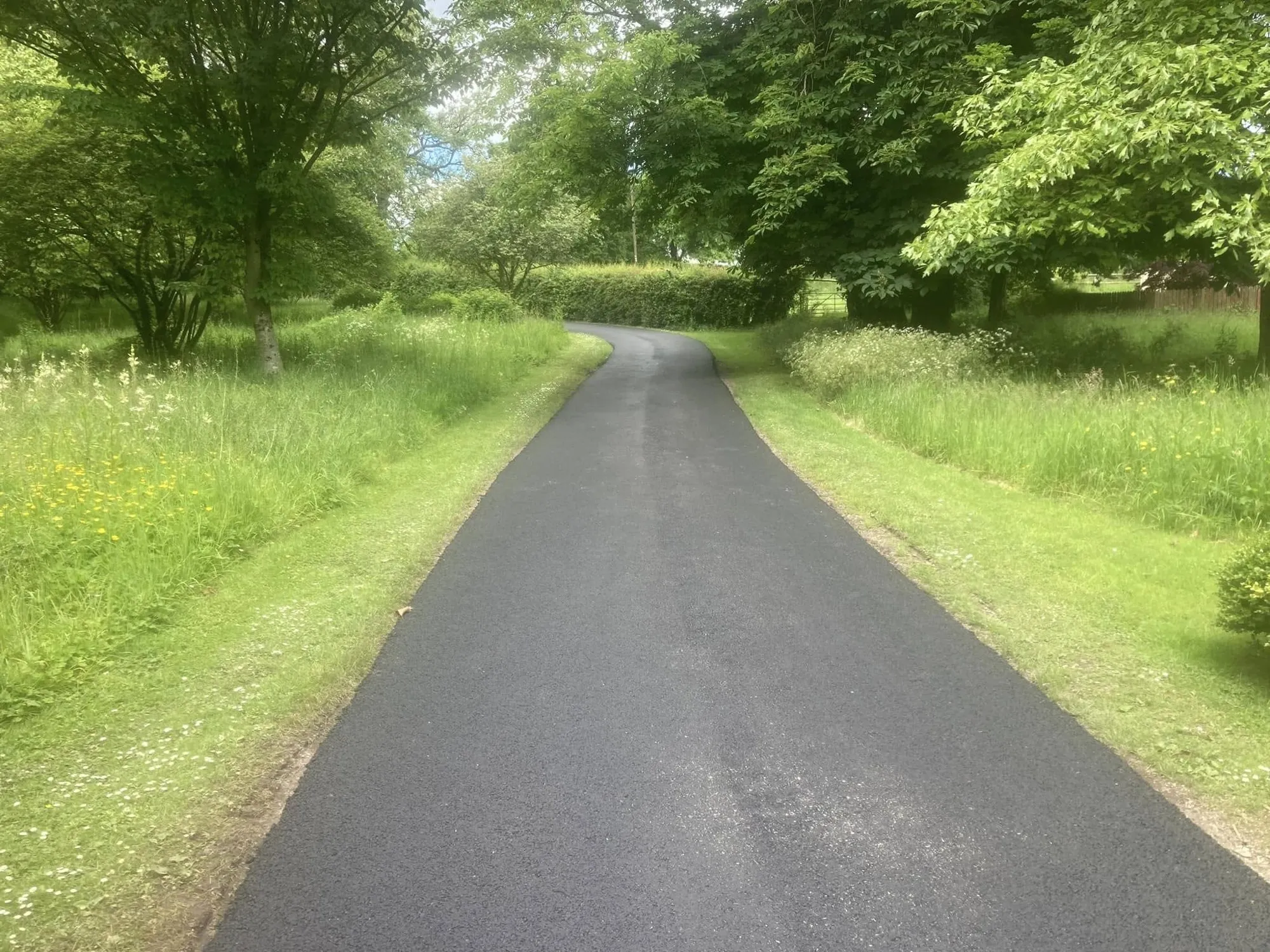 Newly resurfaced lane running between grass verges