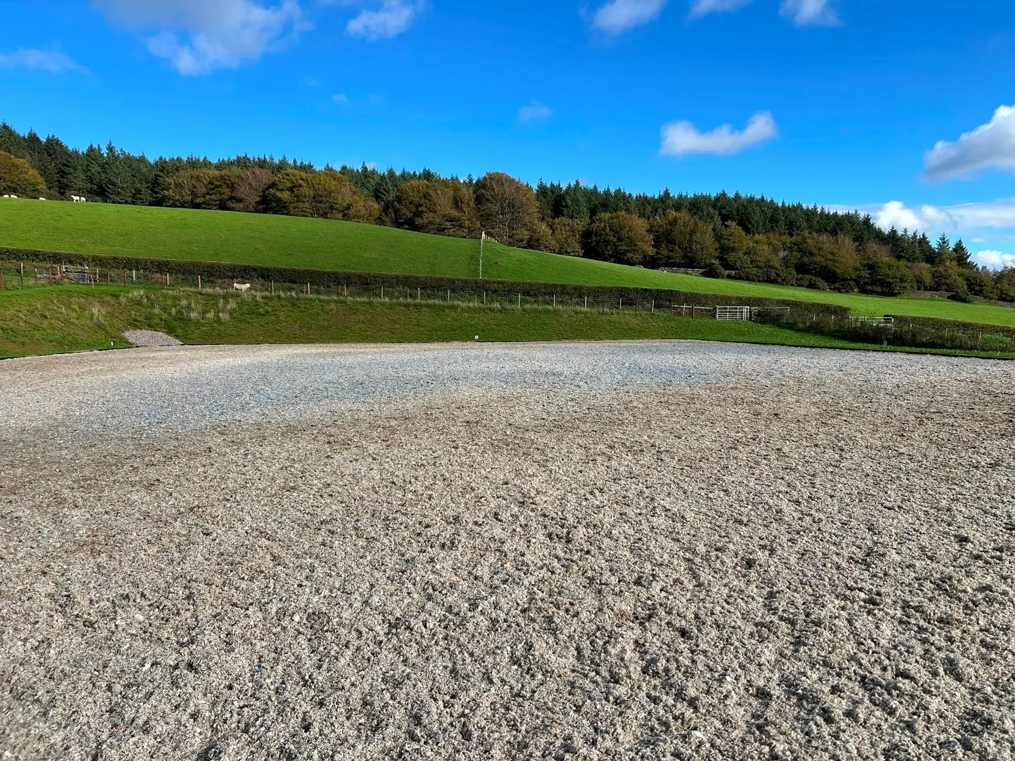 Finished riding arena surface with fields and woodland behind