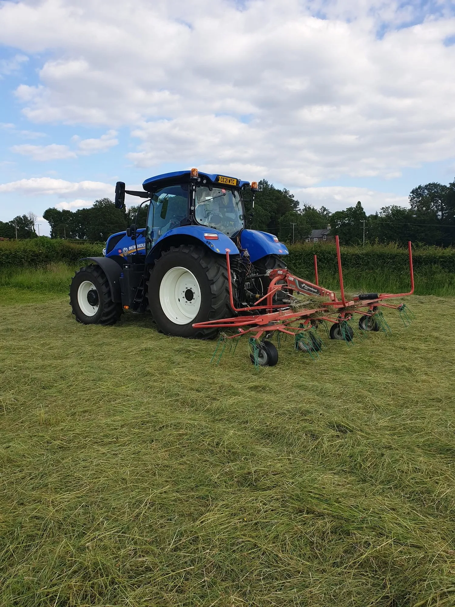 Tractor tedding cut grass in a field