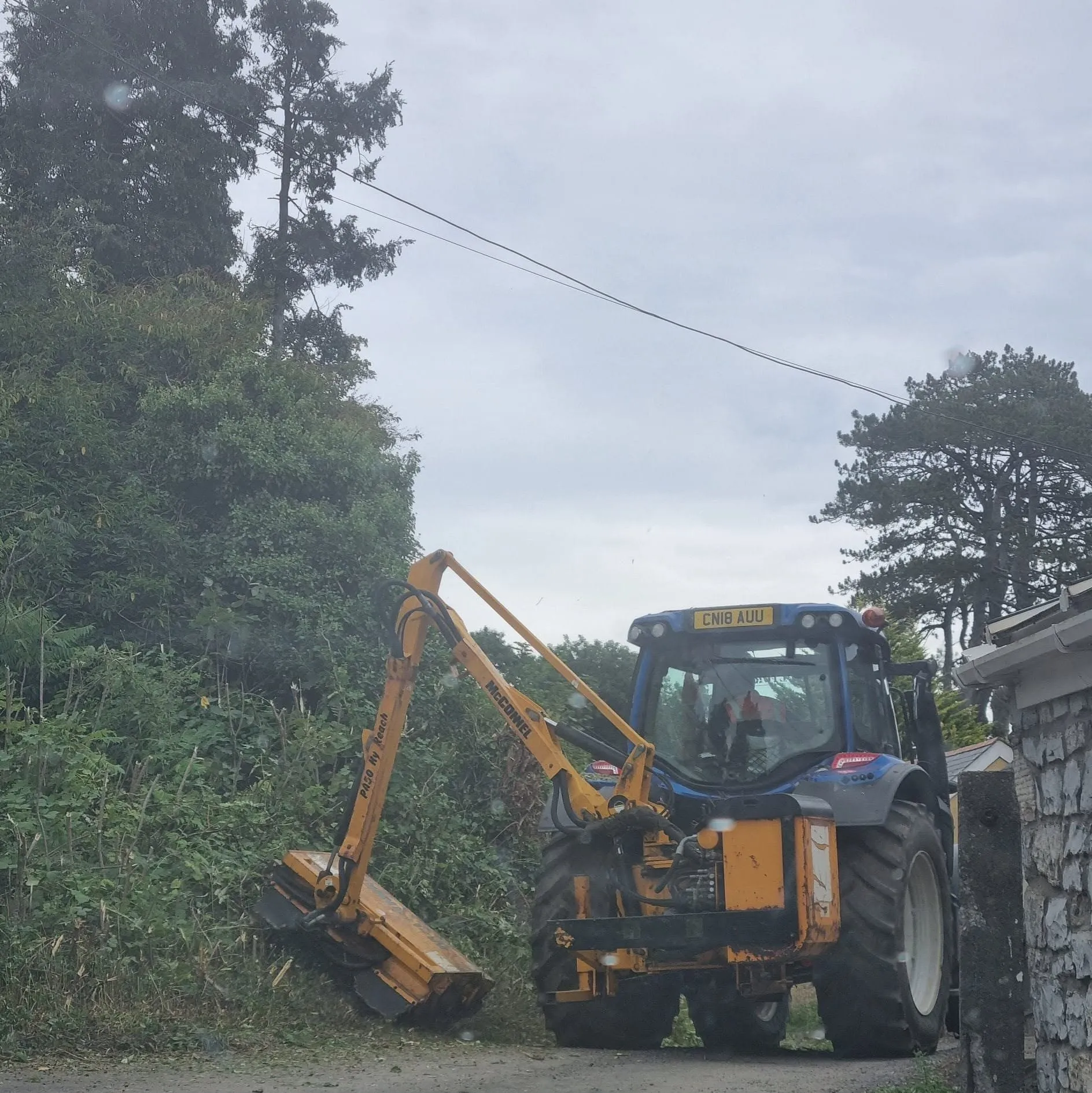 Machine with a flail arm cutting back a roadside bank
