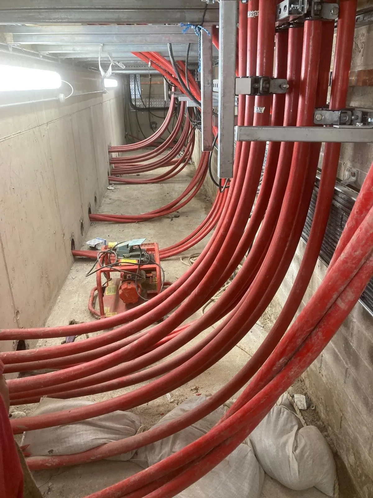 Red cables dressed into racks inside a switch room